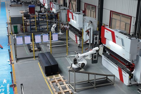 Robotic press brake cell with an industrial robot loading a CNC press brake at Jingdezhen STARWAY