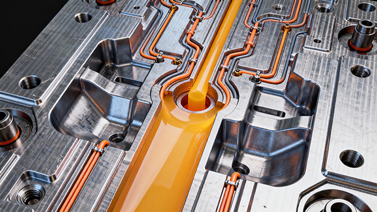 Illustration of molten plastic entering a mold cavity through a direct sprue gate