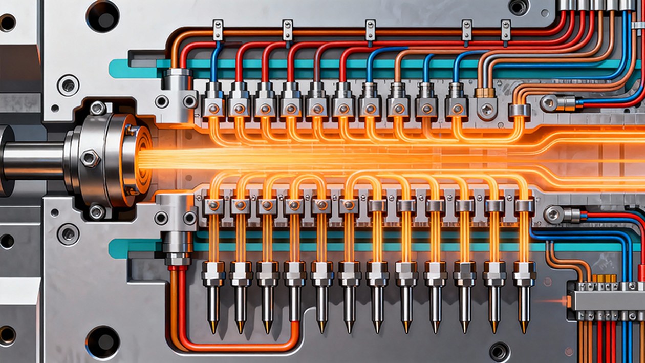Illustration of a hot runner manifold with heated flow channels and nozzle tips inside an injection mold