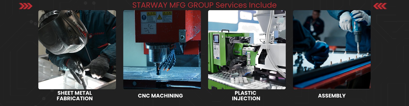 STARWAY MFG GROUP services: sheet metal fabrication, CNC machining, plastic injection molding and assembly