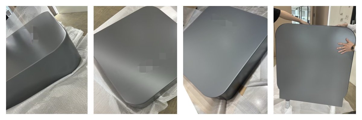 Powder-coated sheet metal enclosure samples for a water purifier with rounded corners and a uniform grey finish